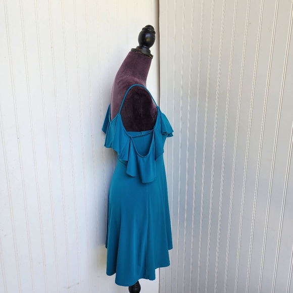 Express Mini Dress Womens Teal Ruffle Cold Shoulder Party Date Night  Stretch XS - Picture 5 of 12